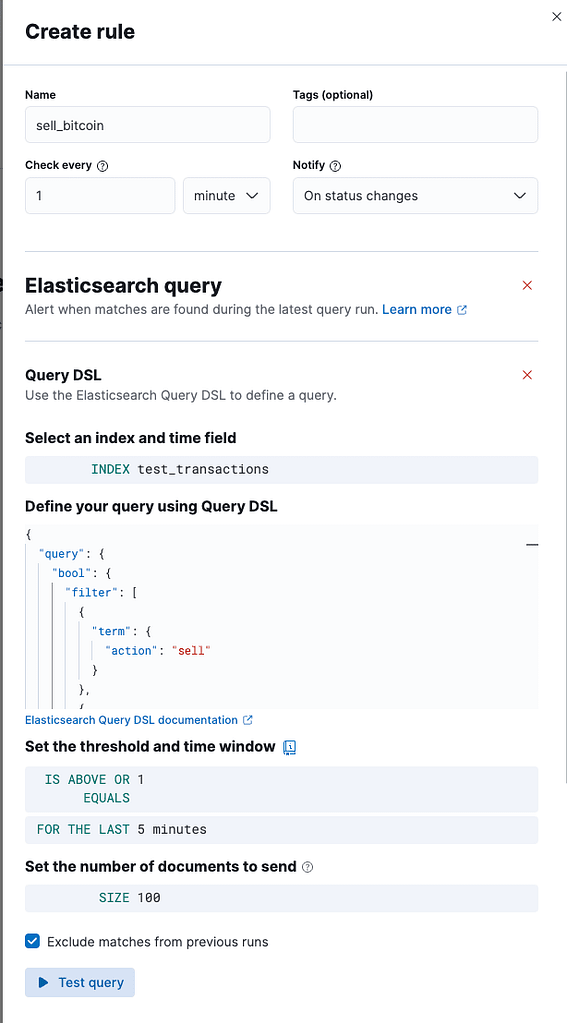 Setting an index query rule example when using query-based alerts in Elasticsearch