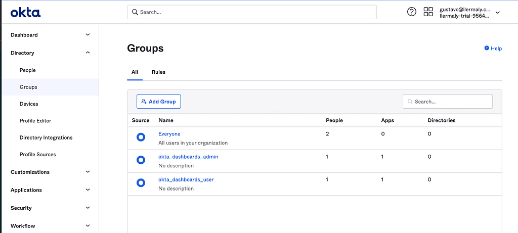 How to create 2 Okta groups to show users how to map these roles to OpenSearch user roles and tenants.