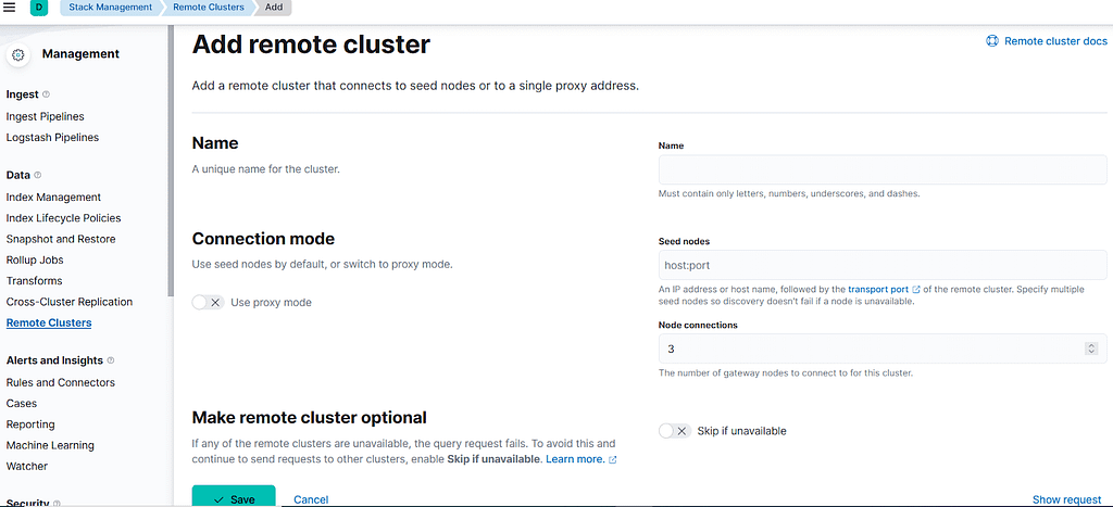 Filling the details while adding an Elasticsearch remote cluster on stack management