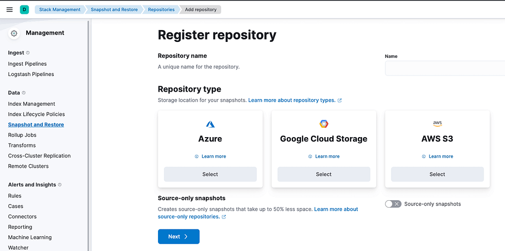 Registering repository in Kibana.