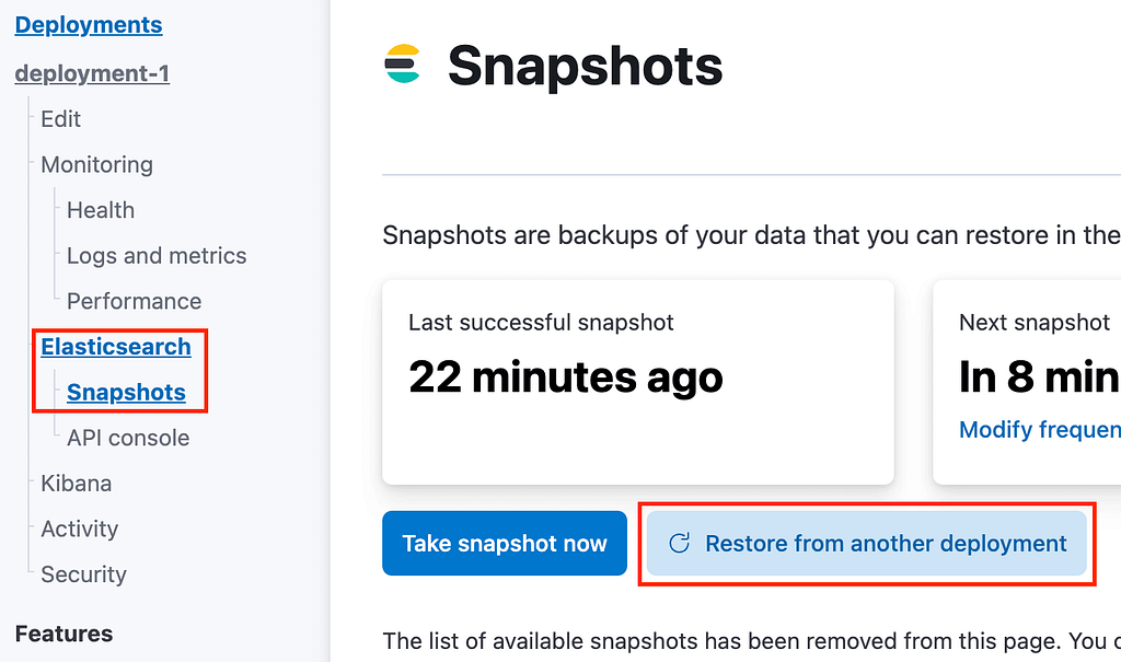 Restoring a snapshot into an existing deployment.