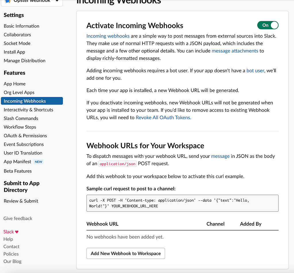 Select “Add New Webhook to Workspace” when setting a Slack channel for AutoOps notifications.

