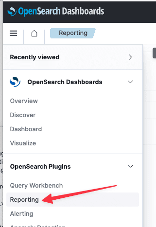 Reporting on OpenSearch Dashboard's menu.