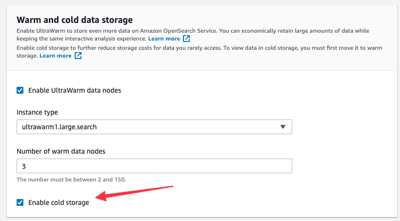 How to enable cold storage in the OpenSearch service console.