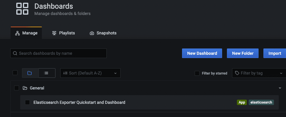 How to select Elasticsearch Exporter Quickstart and Dashboard on Grafana Step 1.