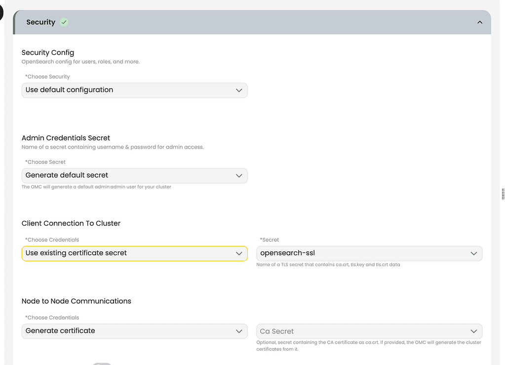 OMC security configuration tab