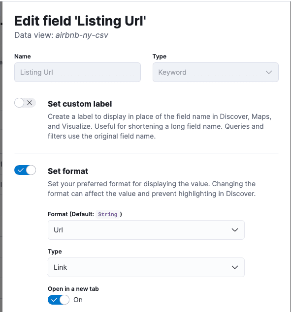 Selecting the field “Listing Url”, edit and select format as URL.
