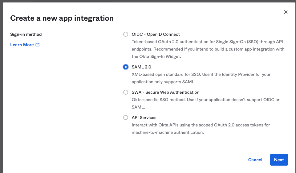 Select SAML 2.0 when creating an App Integration in Okta.