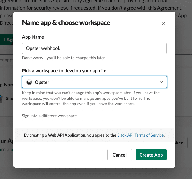 Choosing a name for your webhook  when setting up a slack channel for AutoOps notification
